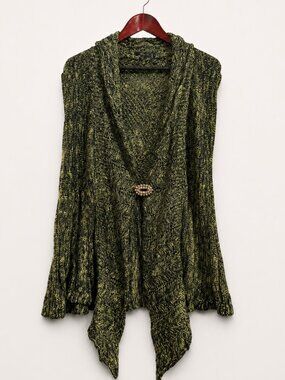 Bacci Women's L Sleeveless Cardigan Vest Green Black Cable Knit Brooch